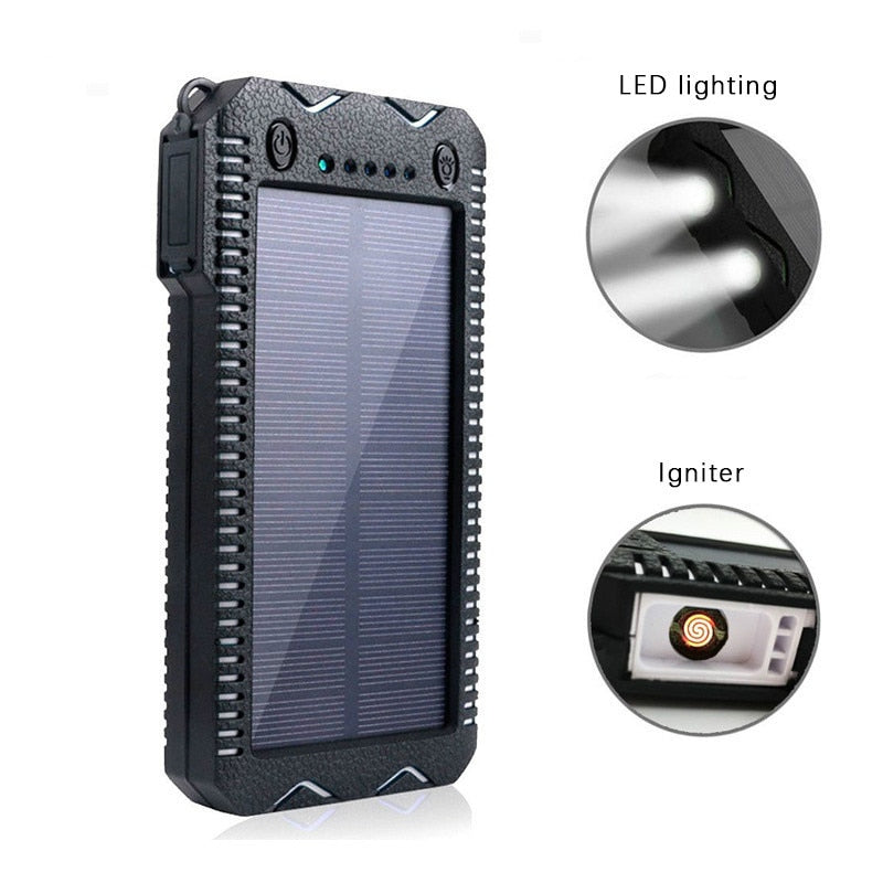 Solar Power Bank 10000mAh Portable Charger Waterproof Fast Charging External Battery Flashlight