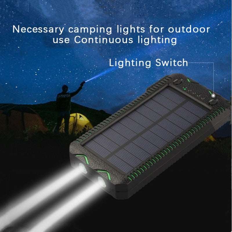 Solar Power Bank 10000mAh Portable Charger Waterproof Fast Charging External Battery Flashlight