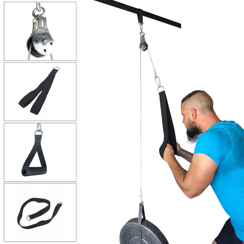 Person using a pulley system with attachments on a white background