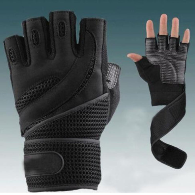Black half-finger glove with wrist strap on a light gray background