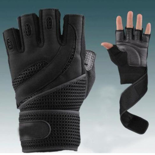 Black half-finger glove with wrist strap on a light gray background