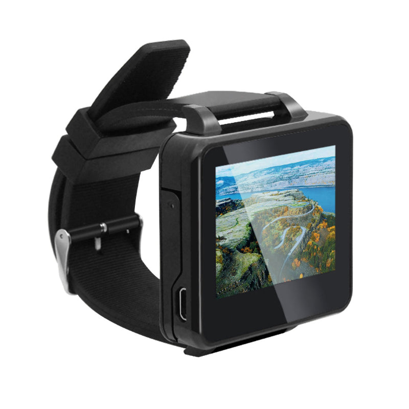 Black smartwatch with a scenic display on a white background