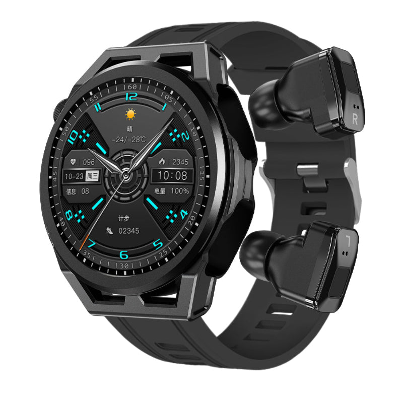 Black smartwatch with a detailed display on a white background