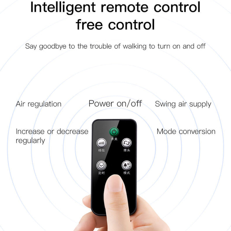 Hand holding a black remote control with various functions on a white background