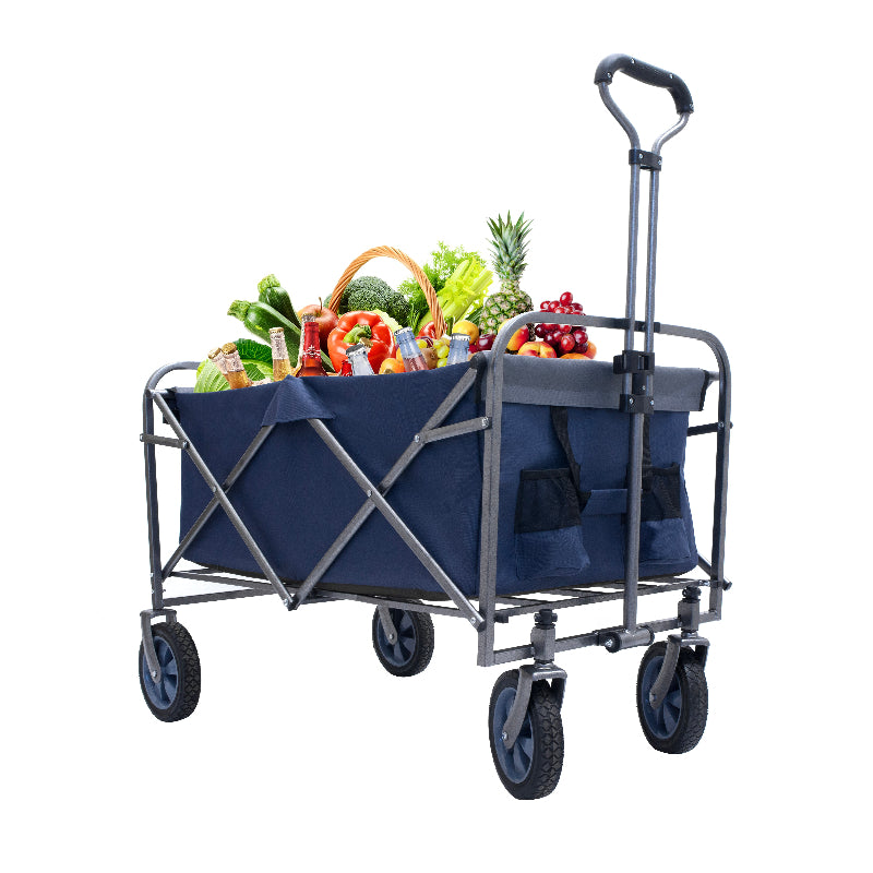 Foldable shopping cart with a blue canvas bag filled with groceries on a white background