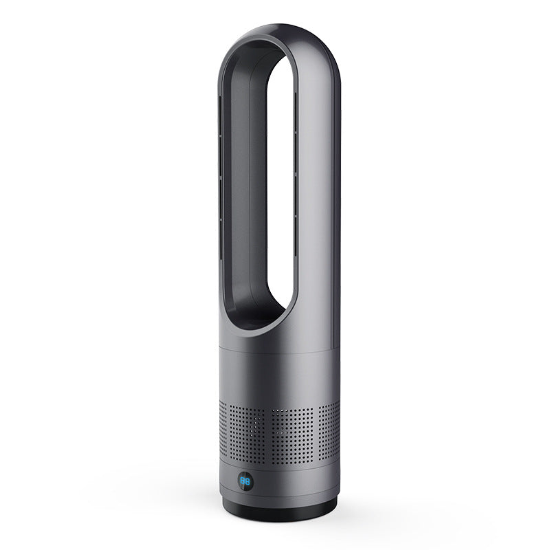 Gray and black tower air purifier on a white background