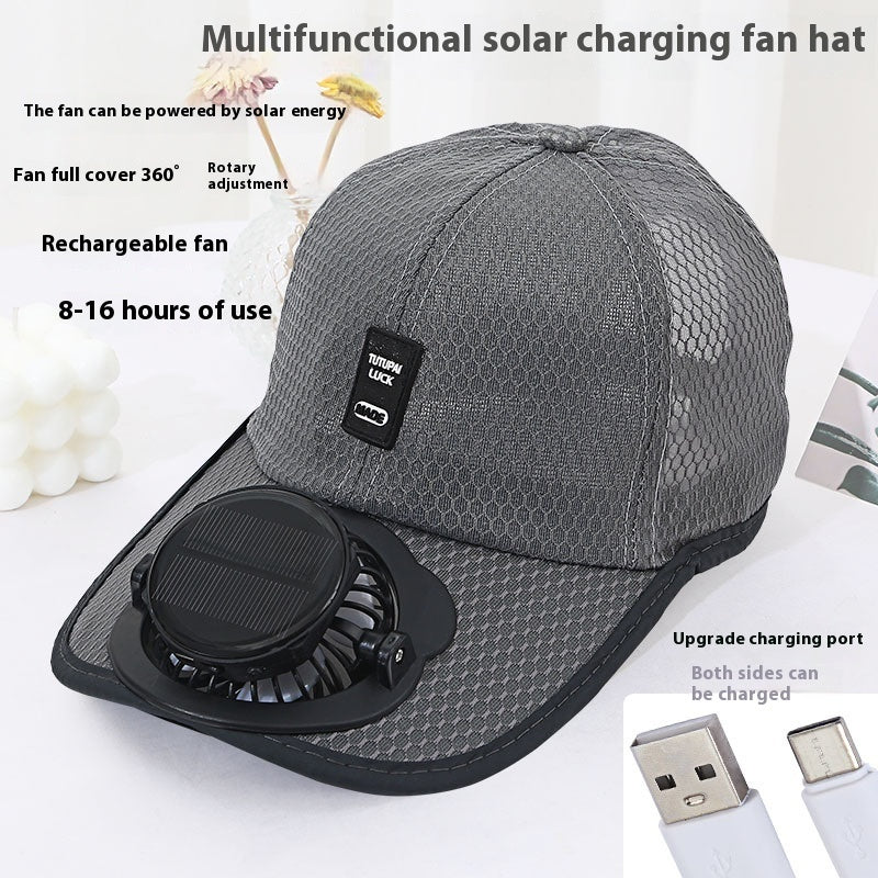 Multifunctional solar charging fan hat with text on a white background
