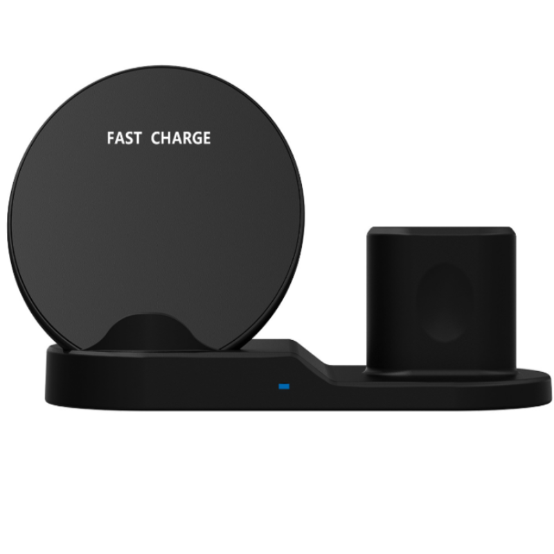 Black wireless charging stand with 'FAST CHARGE' text on a white background