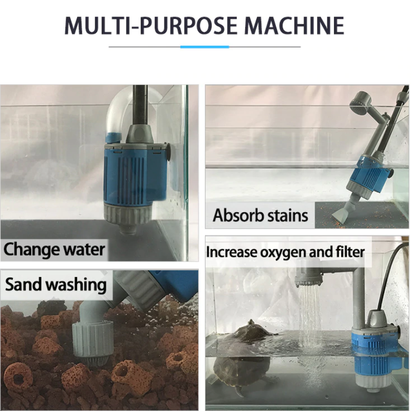 Multi-purpose machine used for changing water, absorbing stains, increasing oxygen, and filtering in an aquarium setting.