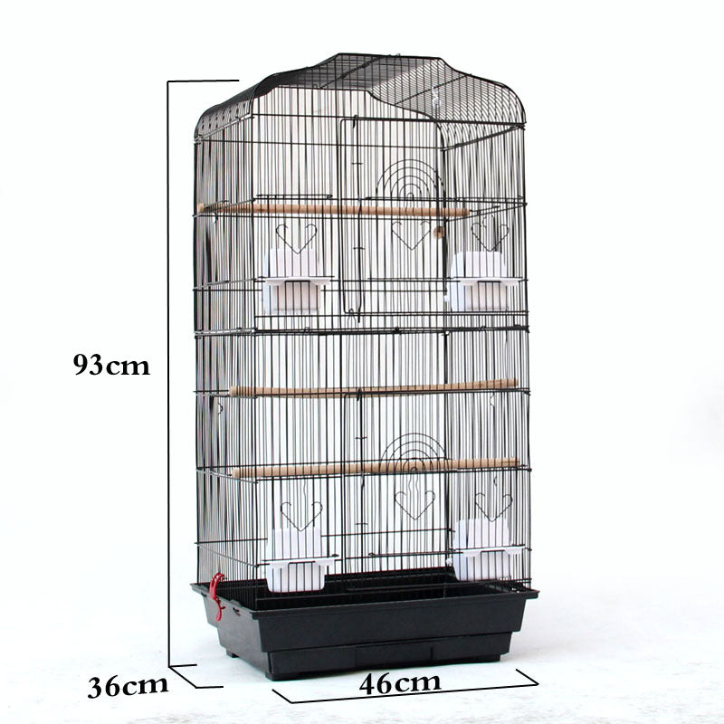 Bird cage with dimensions labeled on a white background