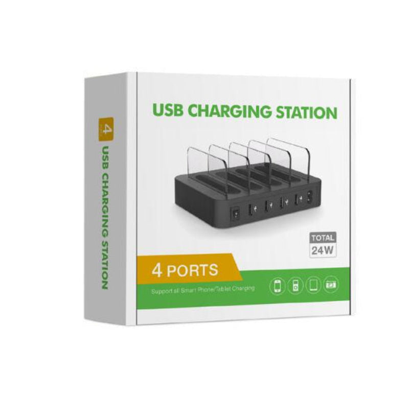 USB charging station packaging with text and graphics on a white background