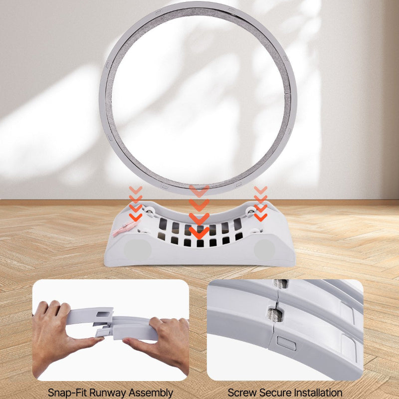Step-by-step installation guide for a ceiling light fixture with Snap-Fit Runway Assembly and Screw Secure Installation.