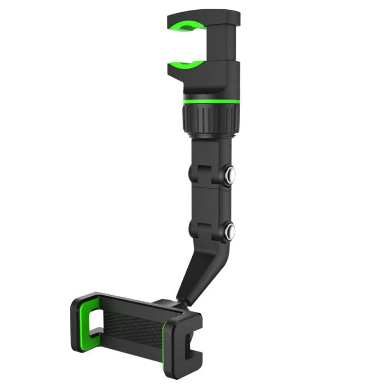 Black and green adjustable phone holder on a white background