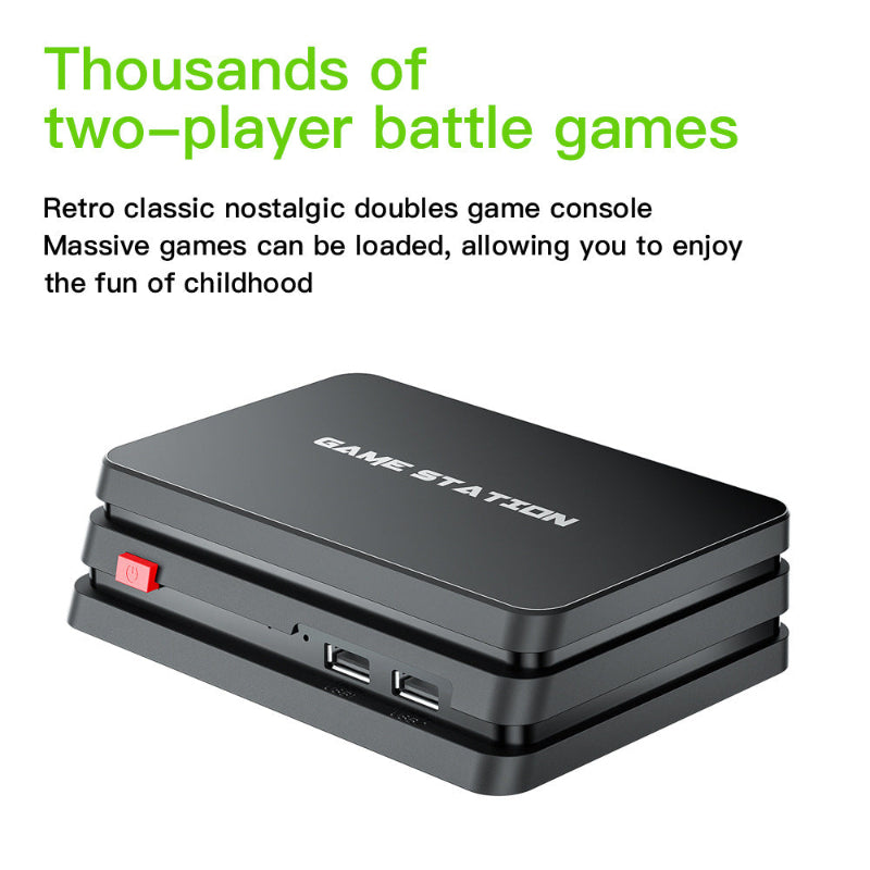 Black game console with 'Game Station' branding on a white background