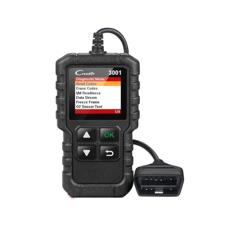 Car diagnostic tool with display and OBDII connector on a white background