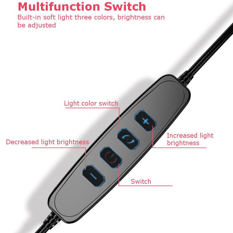 Multifunction switch with labeled buttons for light color and brightness control on a white background.