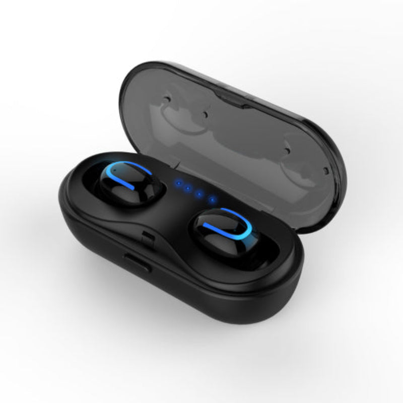 Black wireless earbuds with charging case on a white background