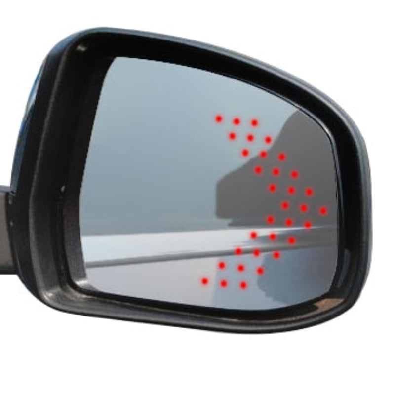 Car side mirror with red dot display on a white background