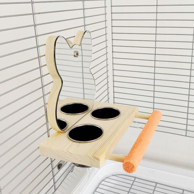 Wooden bird perch with perches on a wire cage