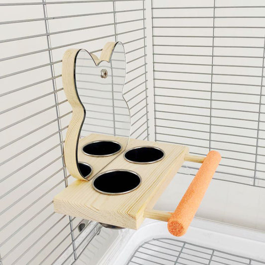 Wooden bird perch with perches on a wire cage