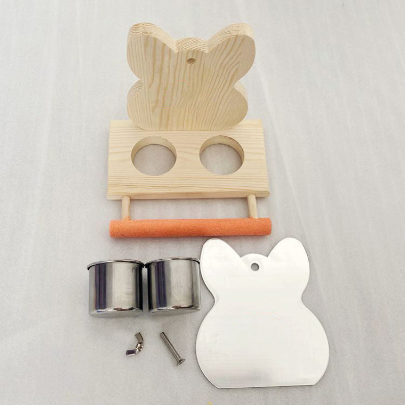 Wooden cat toy with metal components on a light gray background