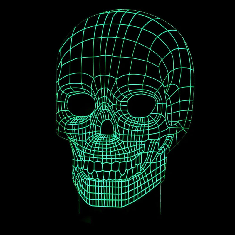 A glowing green wireframe skull 3D LED light on a solid black background.