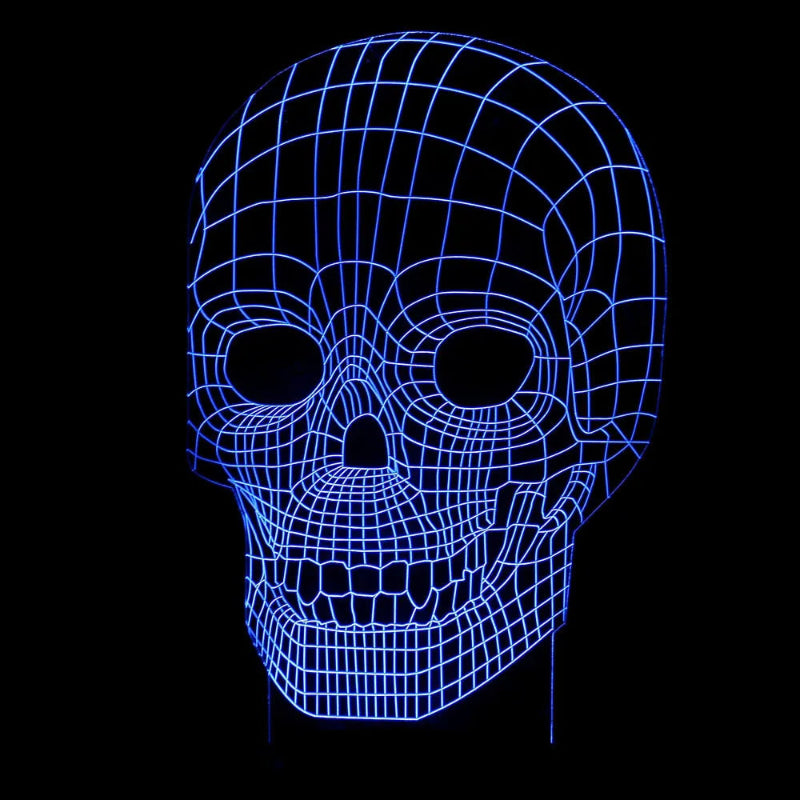 A glowing blue wireframe skull design on a solid black background.
