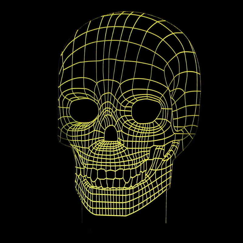 Yellow wireframe skull design on a black background