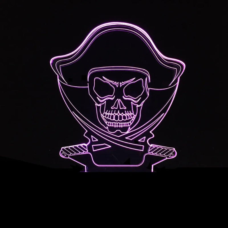 A pirate skull LED night light glowing with a purple neon outline against a solid black background.