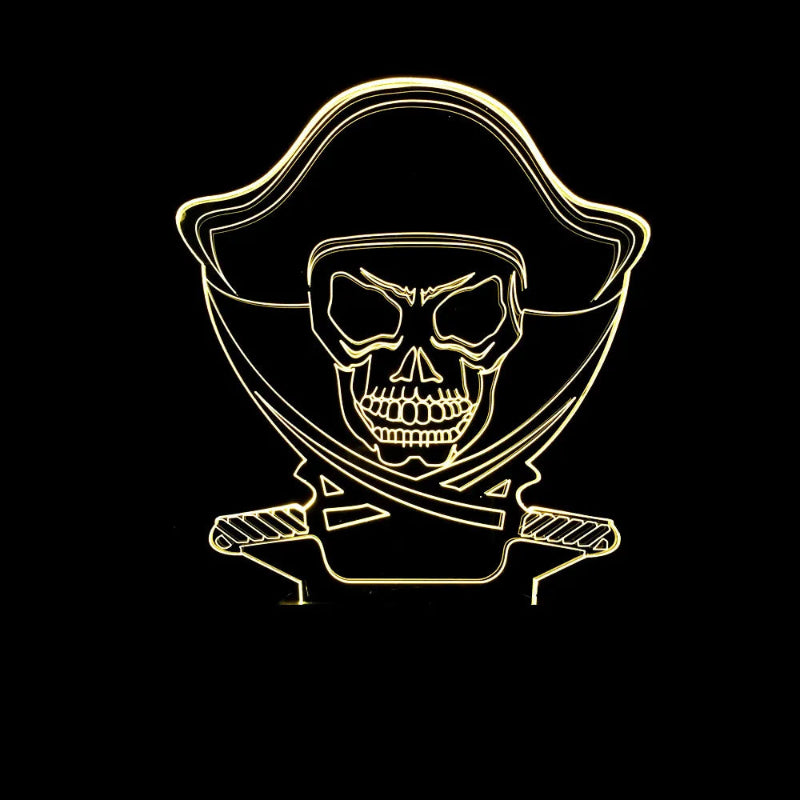 A glowing gold pirate skull and crossbones emblem on a solid black background.