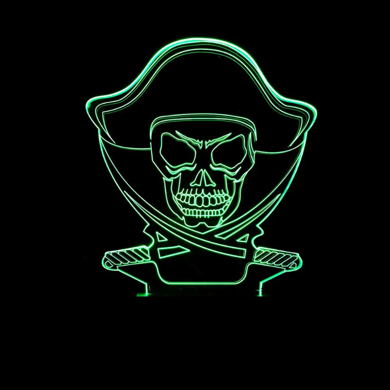 A glowing green outline of a pirate skull wearing a hat and crossed cutlasses, shown against a solid black background.