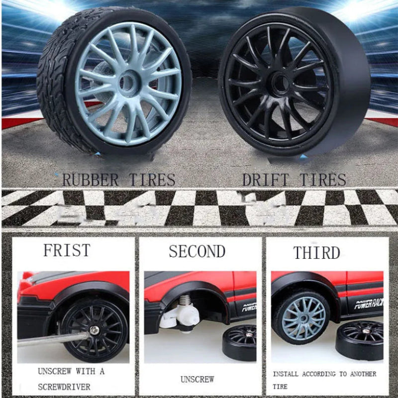 Comparison of rubber and drift tires with installation instructions on a checkered background.