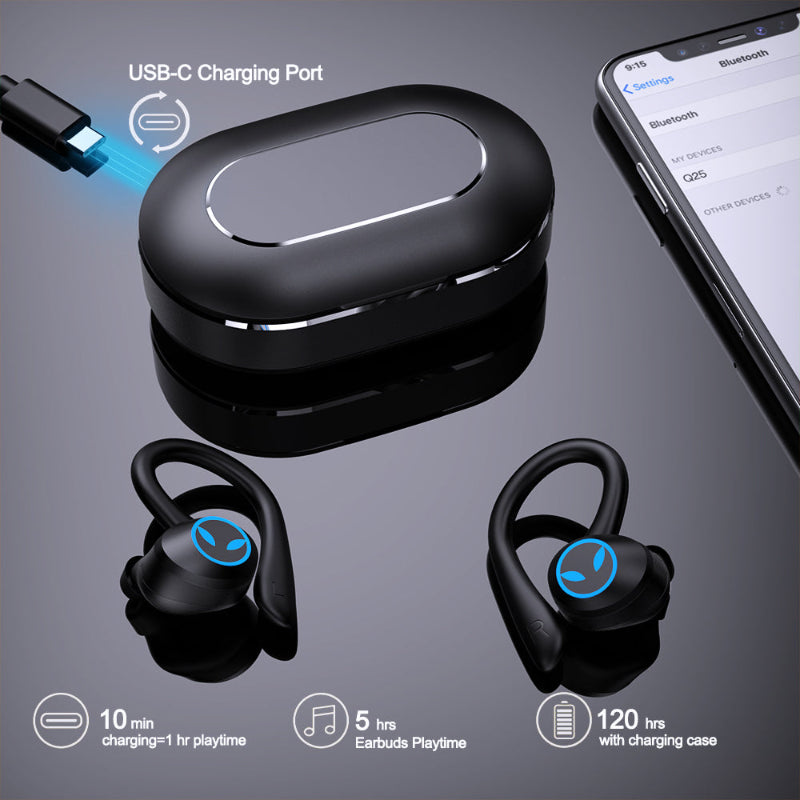 Black wireless earbuds with charging case on a dark surface, showing USB-C charging port and smartphone connection.