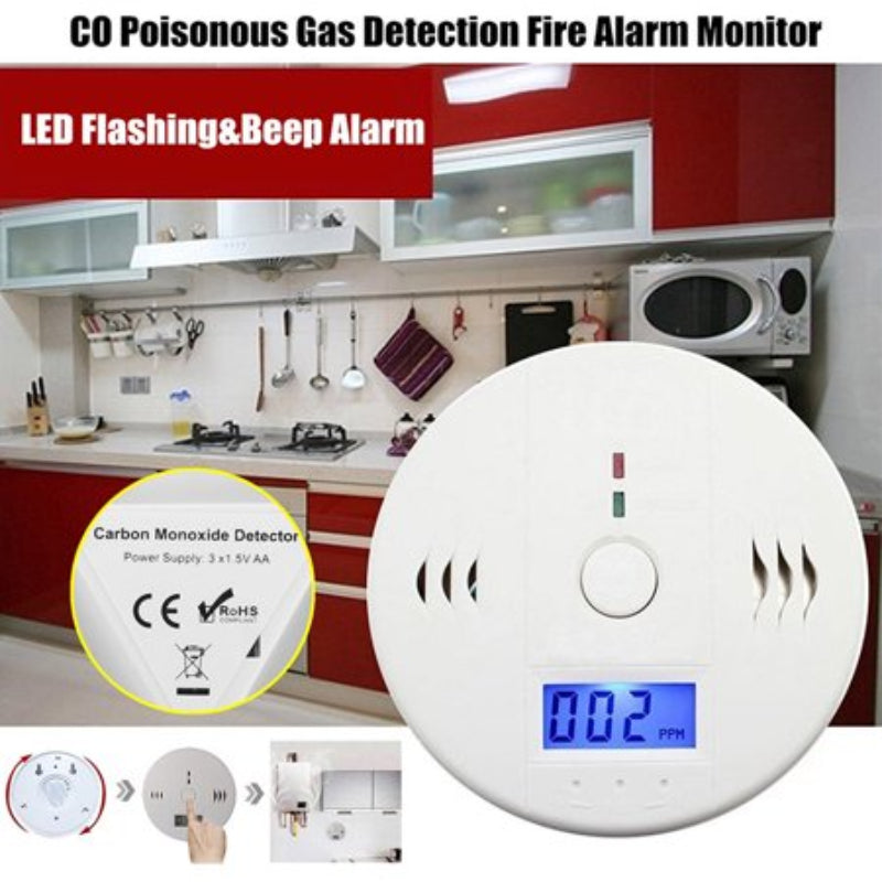 CO Poisonous Gas Detection Fire Alarm Monitor with digital display in a kitchen setting