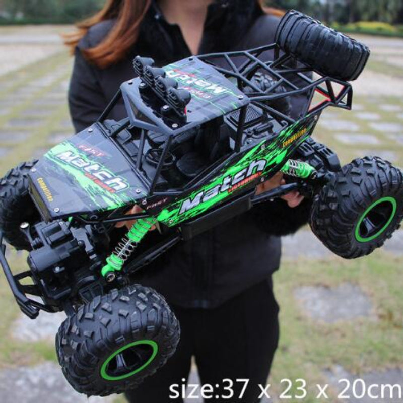 Person holding a large green and black remote control monster truck outdoors.