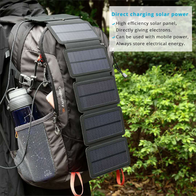 Backpack with solar panel attachment in a natural setting