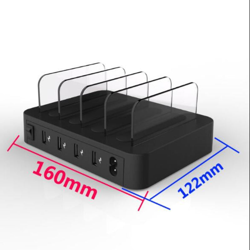 Black electronic device with USB ports and dimensions labeled on a white background