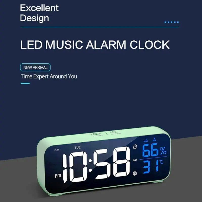 Music LED Digital Alarm Clock Voice Control Temperature Humidity Display Desktop Clocks Home Table Decoration Built-in 1200mAh