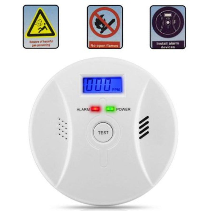 White smoke detector with digital display and warning icons on a white background
