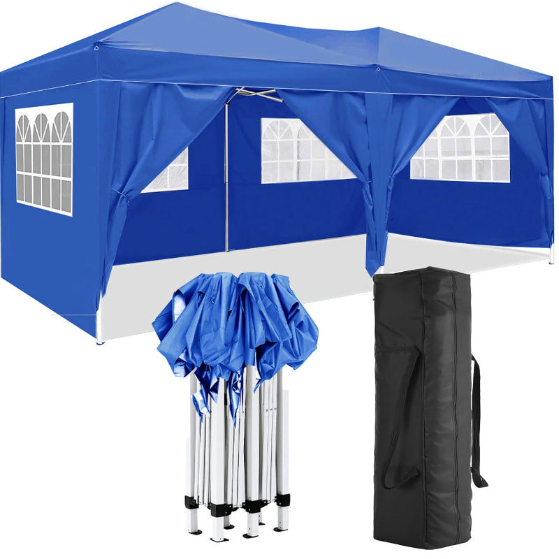 Blue pop-up canopy tent with side panels, carrying bag, and legs on a white background