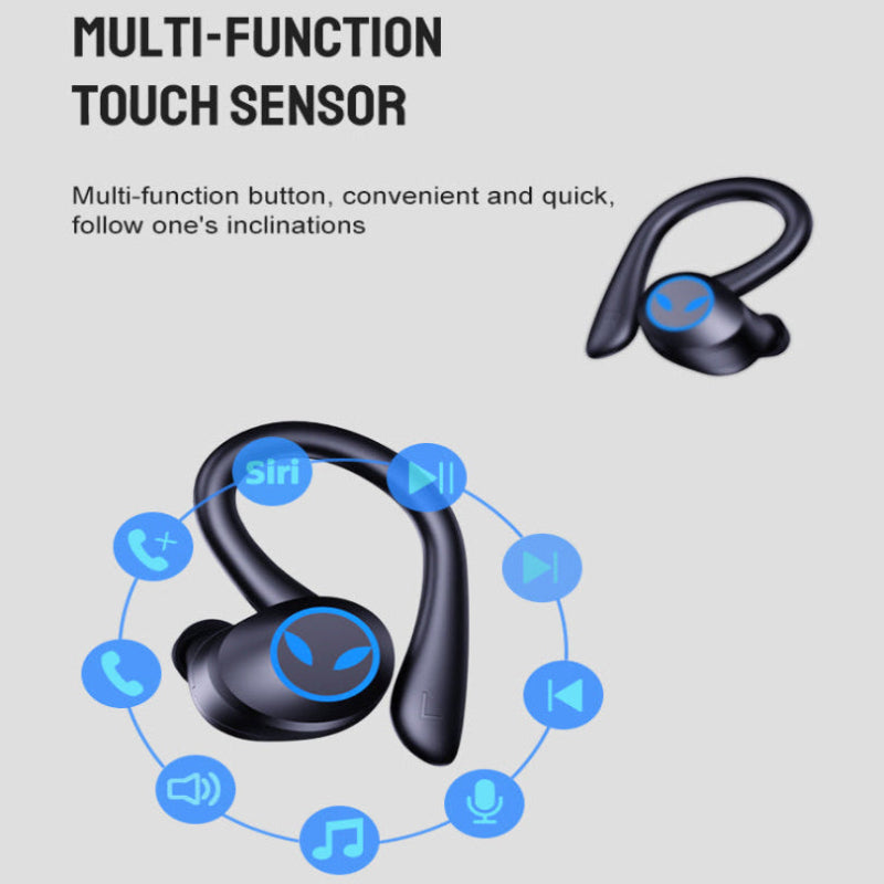 Black wireless earbuds with blue touch icons on a light gray background, featuring text about multi-function touch sensor.