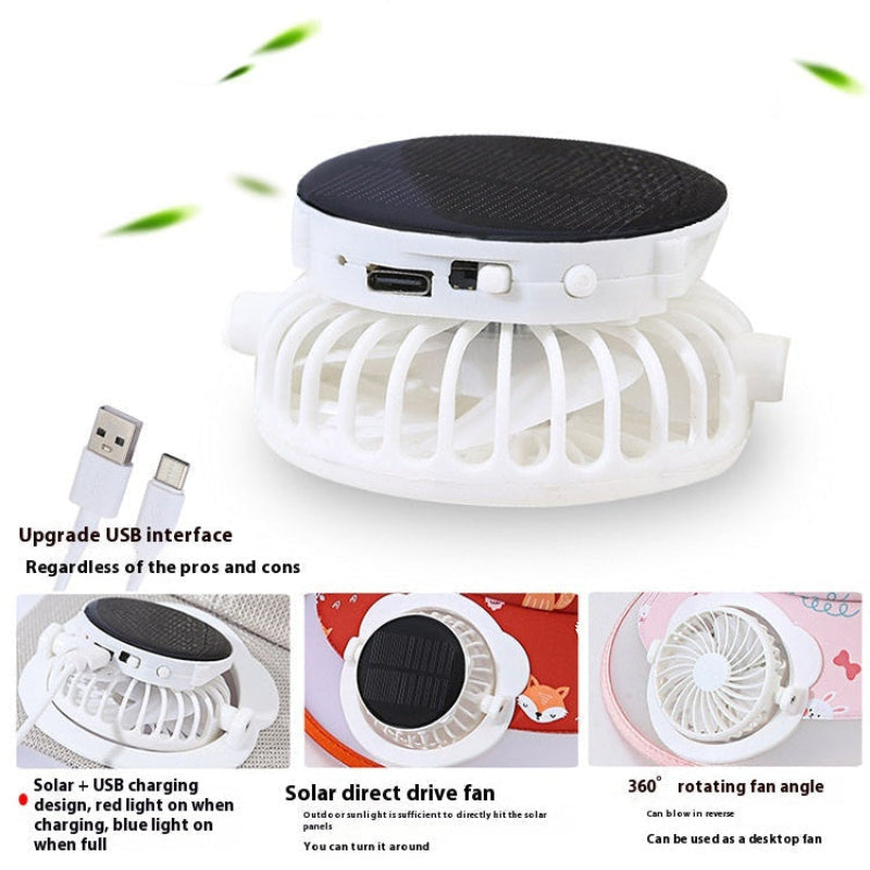 A portable USB-powered cooling fan shown in multiple views on a white background, including a fan cap attached to the brim, the fan body, a USB connector, and small feature callout panels. Text highlights features such as removable cap, screw fixation, easy cleaning, USB upgrade interface, solar charging, direct drive fan, and 360-degree rotation.