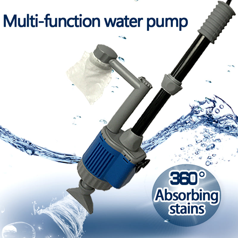 Multi-function water pump with water splashes and text on a white background