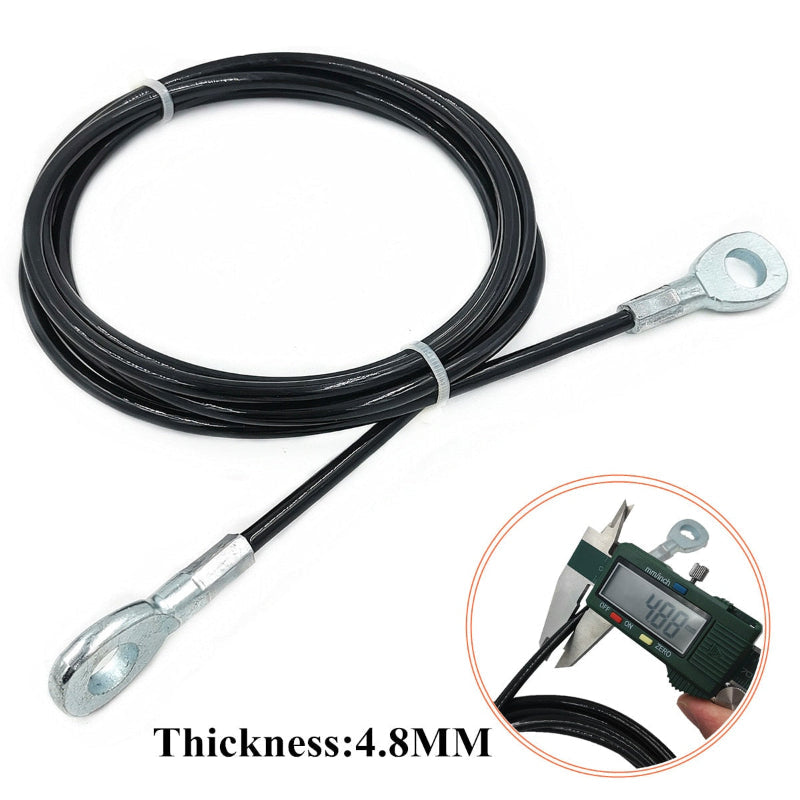Black cable with metal connectors and a digital caliper showing thickness, on a white background.
