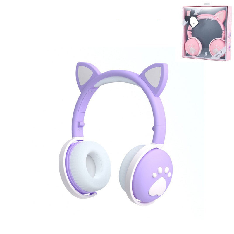 Purple headphones with cat ears and paw design on a white background, featuring a pink package box.