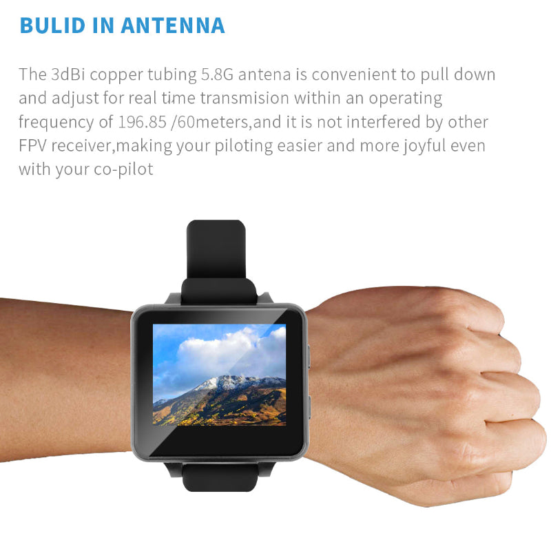 Smartwatch with a scenic display on a wrist, featuring text about an embedded antenna.