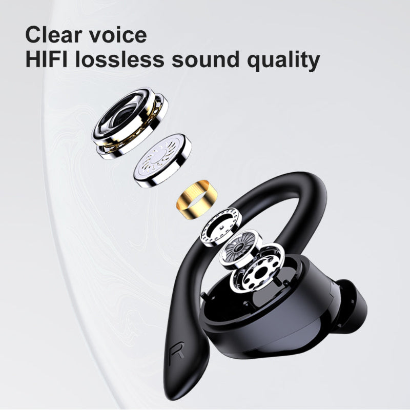 Black wireless earbuds with detailed design on a light gray background, featuring text about clear voice and HIFI lossless sound quality.