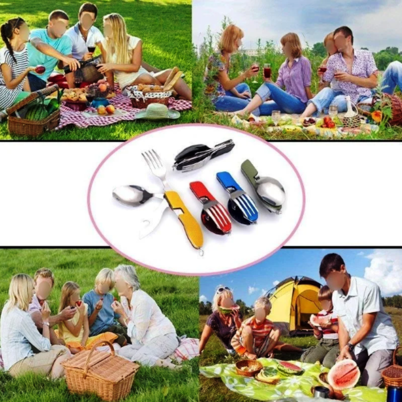 4 In 1 Outdoor Tableware Set Camping Cooking Supplies Stainless Steel Spoon Folding Pocket Kits Home Picnic Hiking Travel Tools