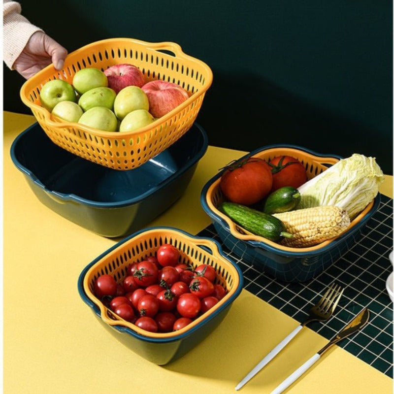 Six-Piece Set Of Multifunctional Kitchen Plastic Double Layer Household Basket Vegetable Washing Basket Large Drainage Basket