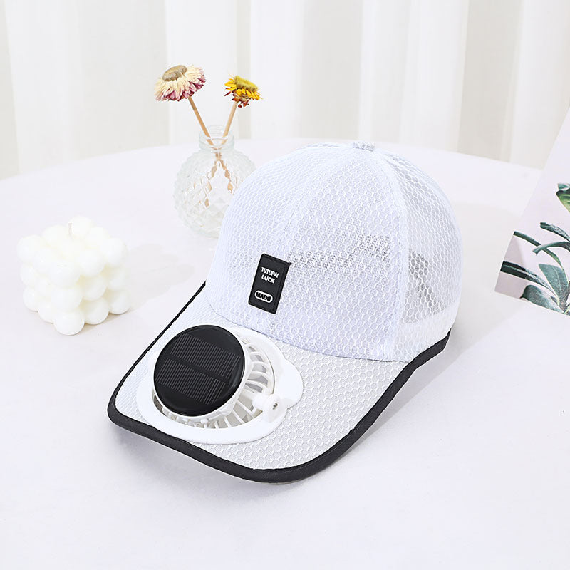 White cap with a black fan on a white surface